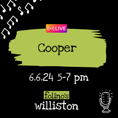Cooper is playing at folinos in williston 6.6.24 from 5-7 PM