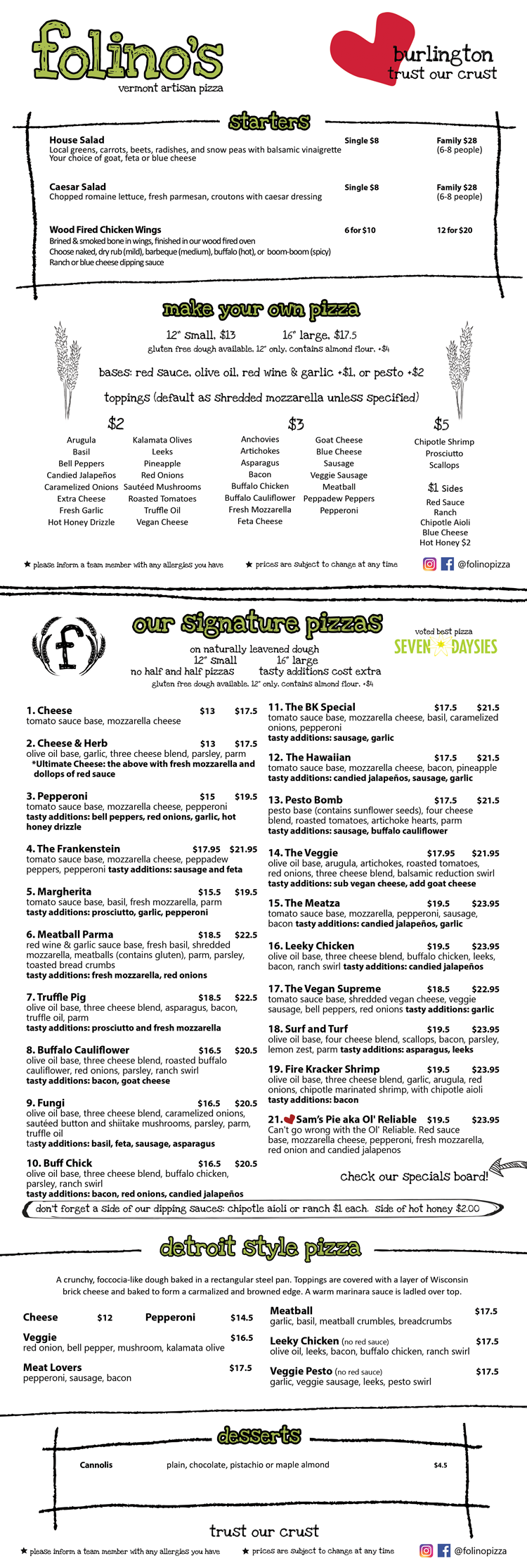 Burlingtons Menu