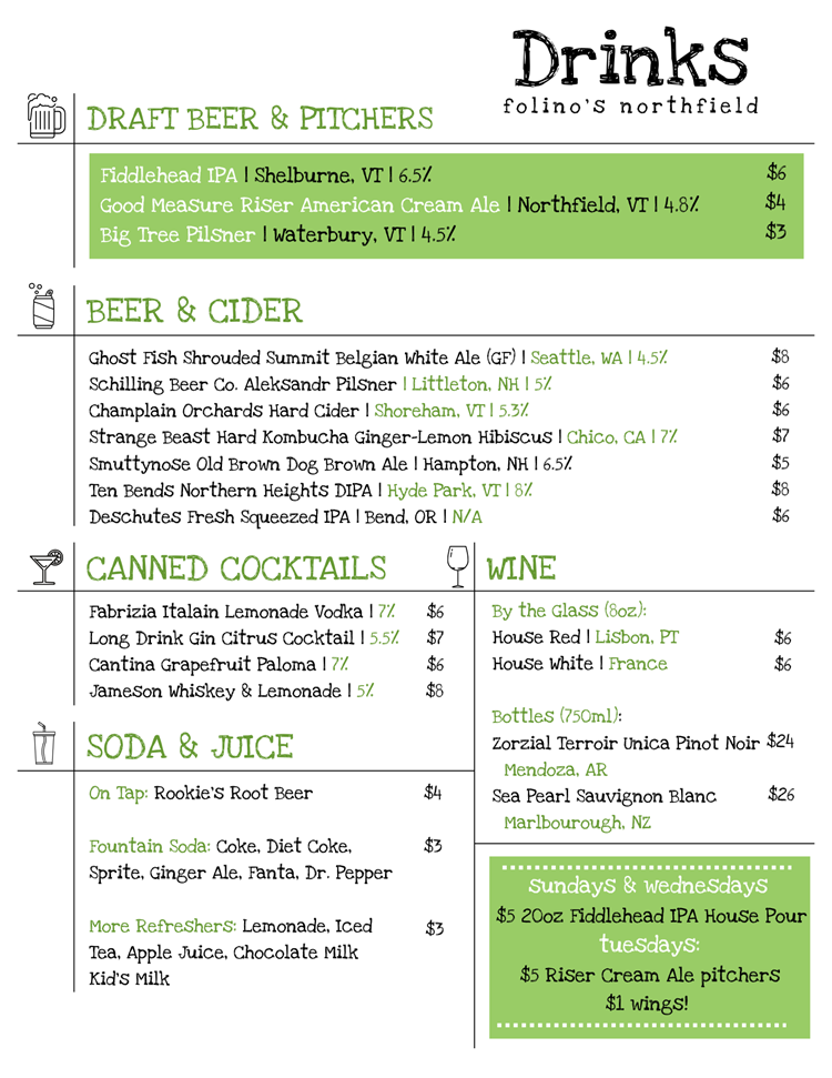 Northfield Drink menu