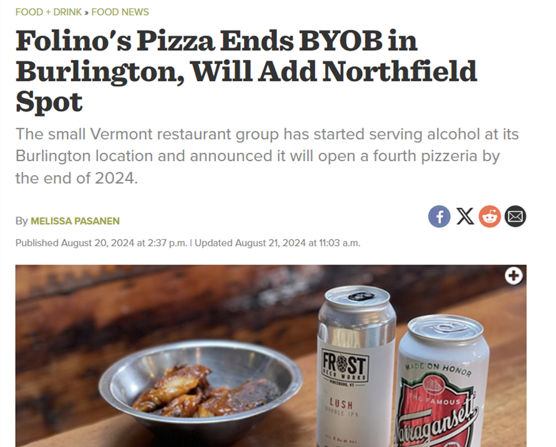 Headline about Burlington ending BYOB and Folino's adding a 4th location